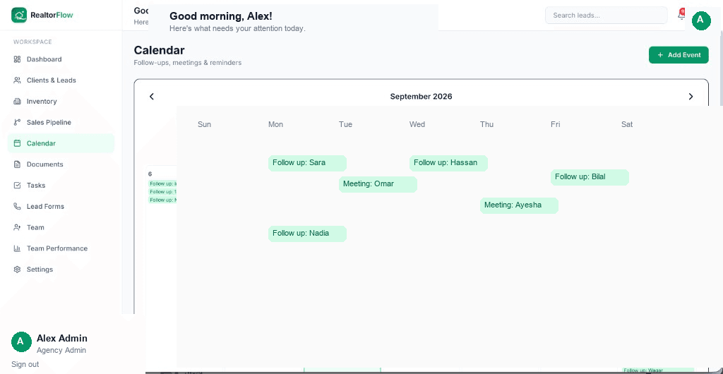 Calendar in RealtorFlow